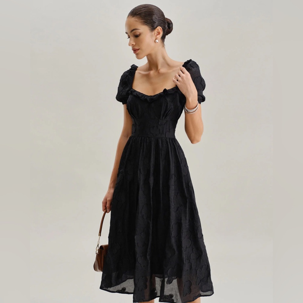 Black Square Neck Puffed Sleeve Midi Dress